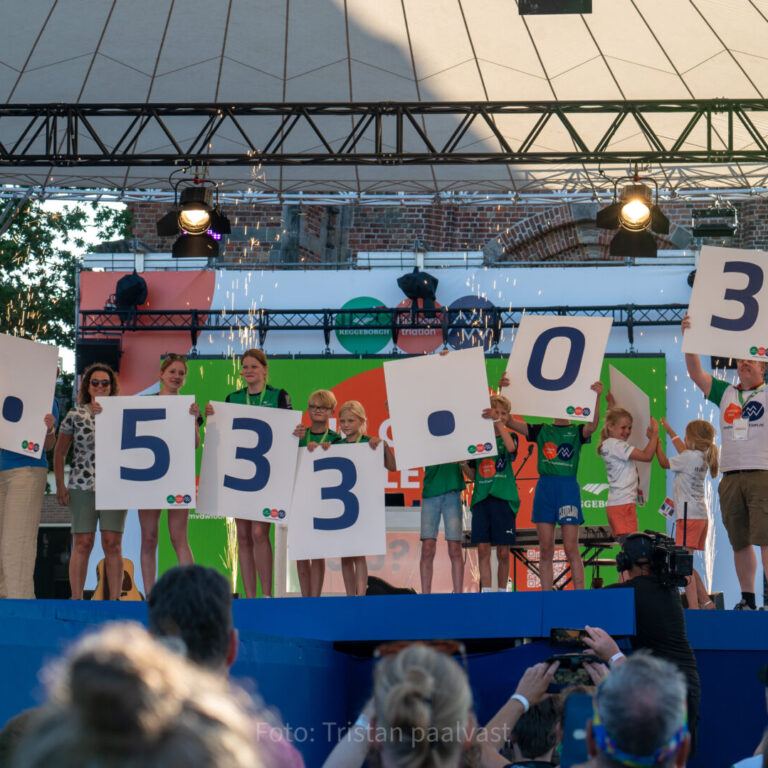 Foto van de bekendmaking van het eindbedrag van de Elfstedentriatlon.